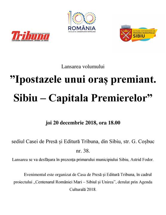 Lansarea volumului ”Ipostazele unui oraș premiant. Sibiu – Capitala Premierelor”